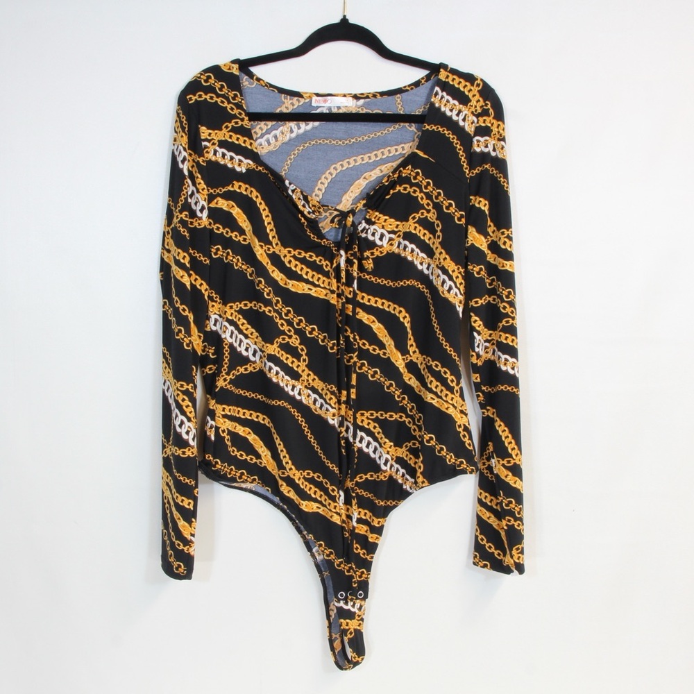 Intempo Long Sleeve Black Status Print Halter Bodysuit NWOT